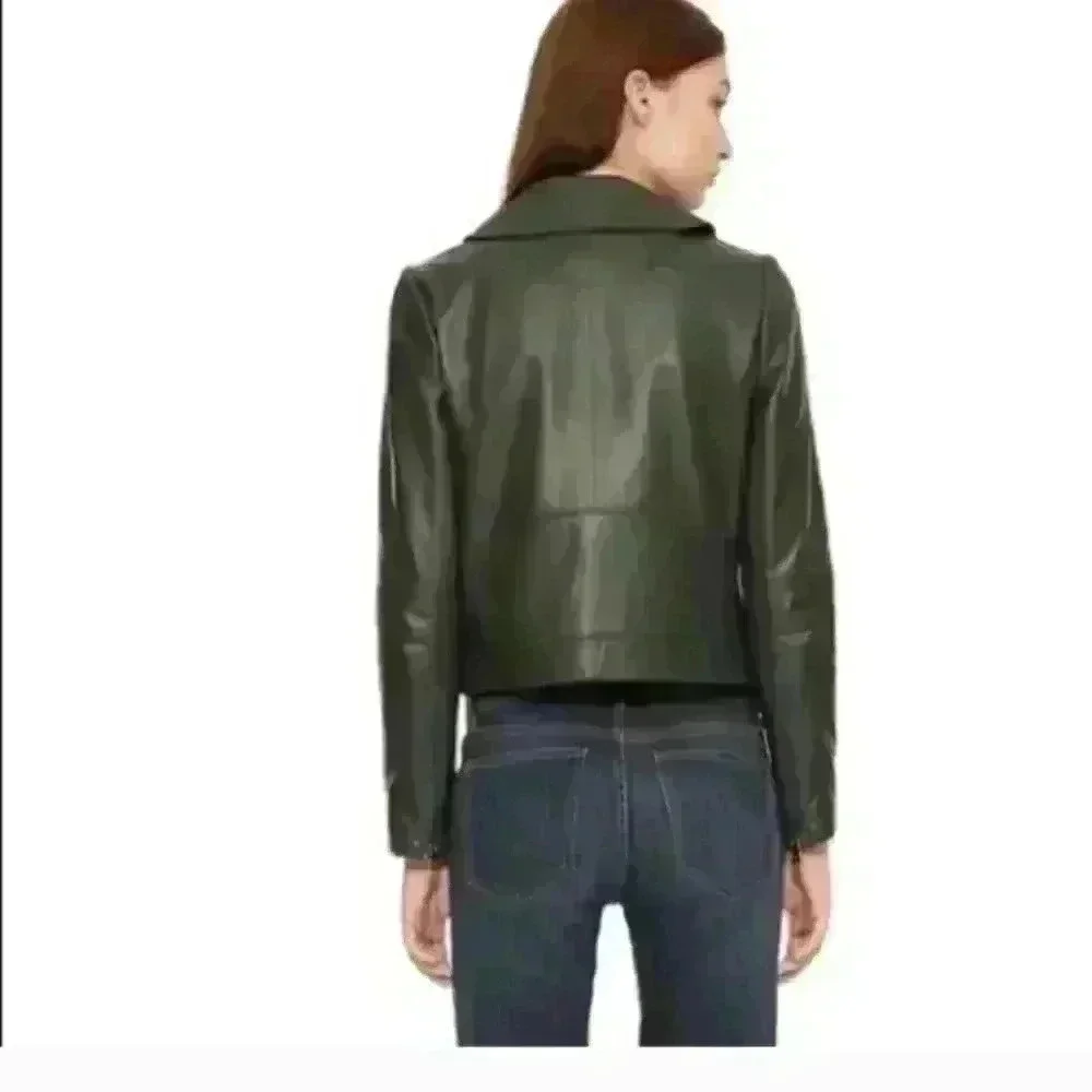 Tory Burch Womens Dark Green Harper Cropped Luxury Designer Moto Jacket 0 (XS-S)